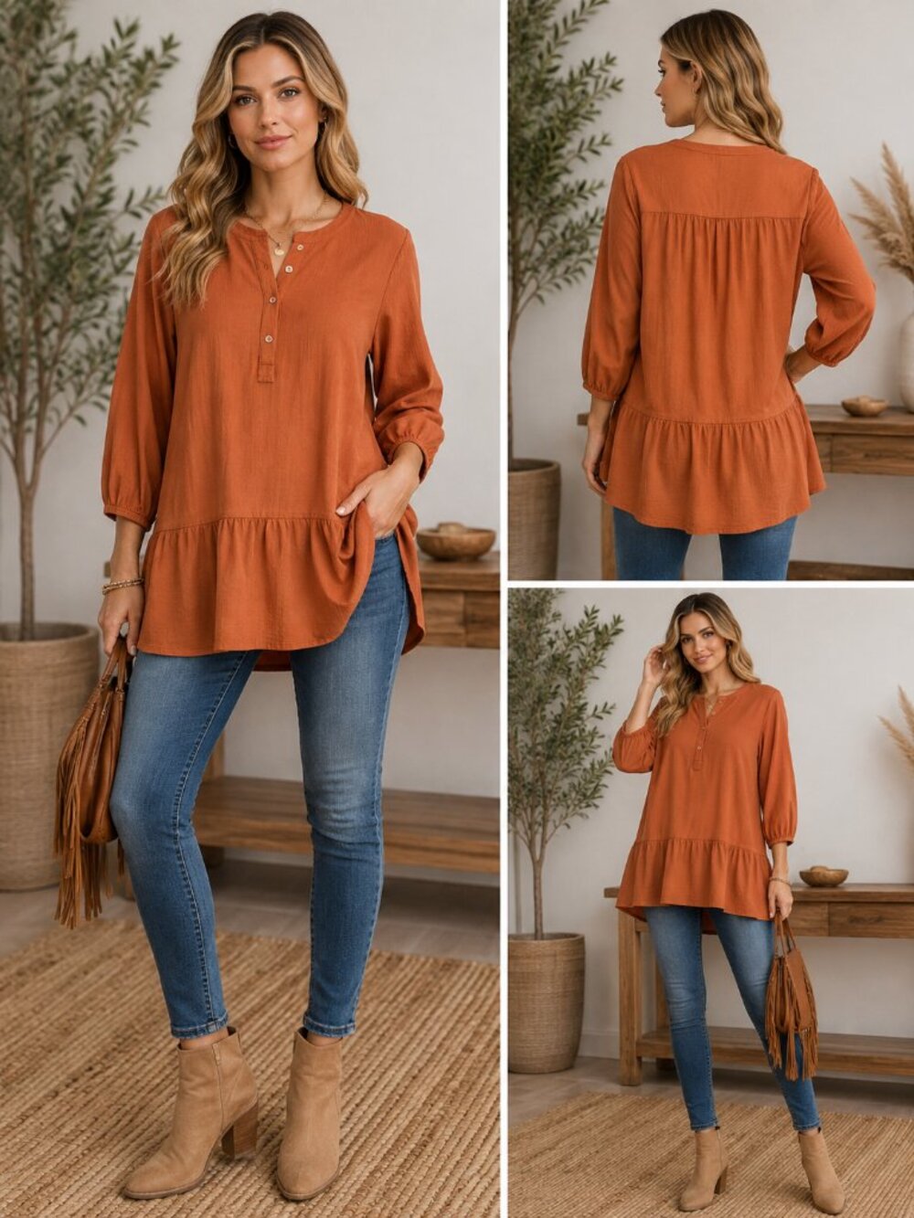 Rust Peplum Tunic Top  Button Front 3/4 Sleeve L/M